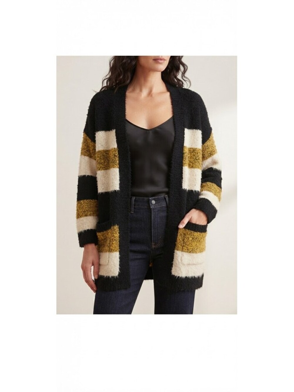 Debut Striped Open-Front Cardigan – Black, White & Gold – Size S/M